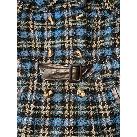 Womens Steve Madden Blue Plaid Tweed Belted Faux Leather Trim Buttons Coat L - Picture 3 of 12